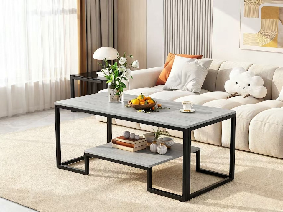 image 1 of Alivio Modern Coffee Table with Metal Frame & Shelves Storage (Grey)