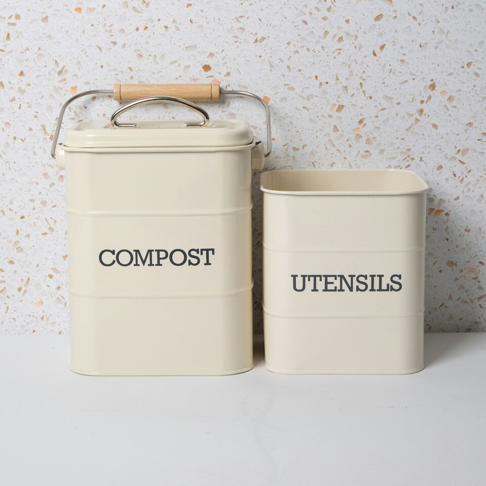 image 1 of 2pc Antique Cream Storage Set with Compost Bin and Utensil Pot