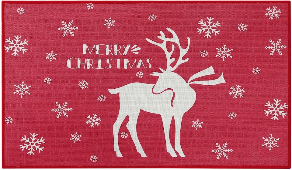 image 1 of London Boutique Christmas Doormat with Snowflake and Reindeer Print, Anti-Slip Washable Door Mat, Red, 50 x 80 cm