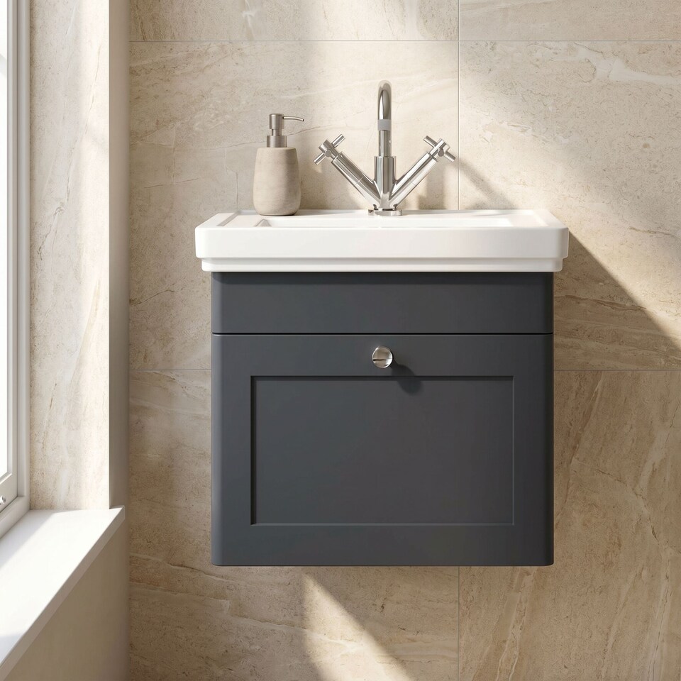 image 1 of Balterley Classic Traditional Bathroom Wall Hung 1-Drawer Vanity Unit & Fireclay Basin | Grey | Dark Grey