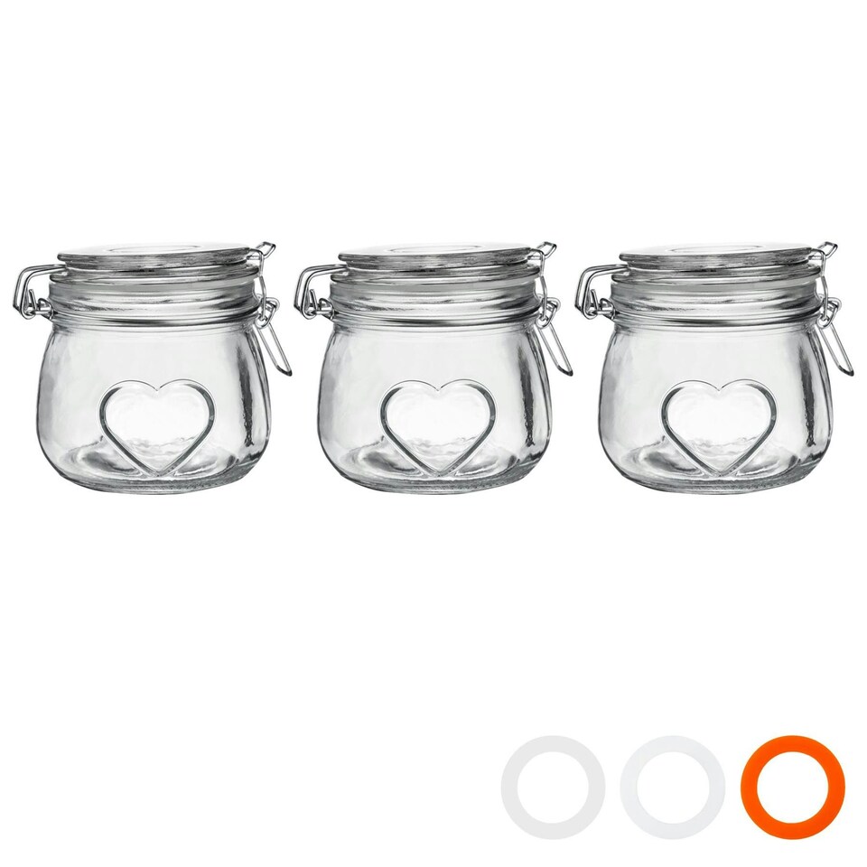 image 1 of Nicola Spring Heart Glass Storage Jars - 500ml - Clear Seal - Pack of 3