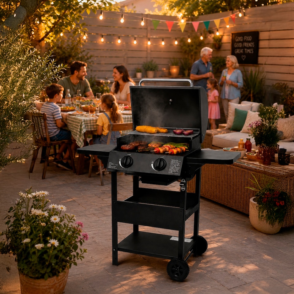 image 1 of Outdoor 2 Burner Steel Gas BBQ Grill Side Shelves Rack Bottle Opener & Regulator Kit