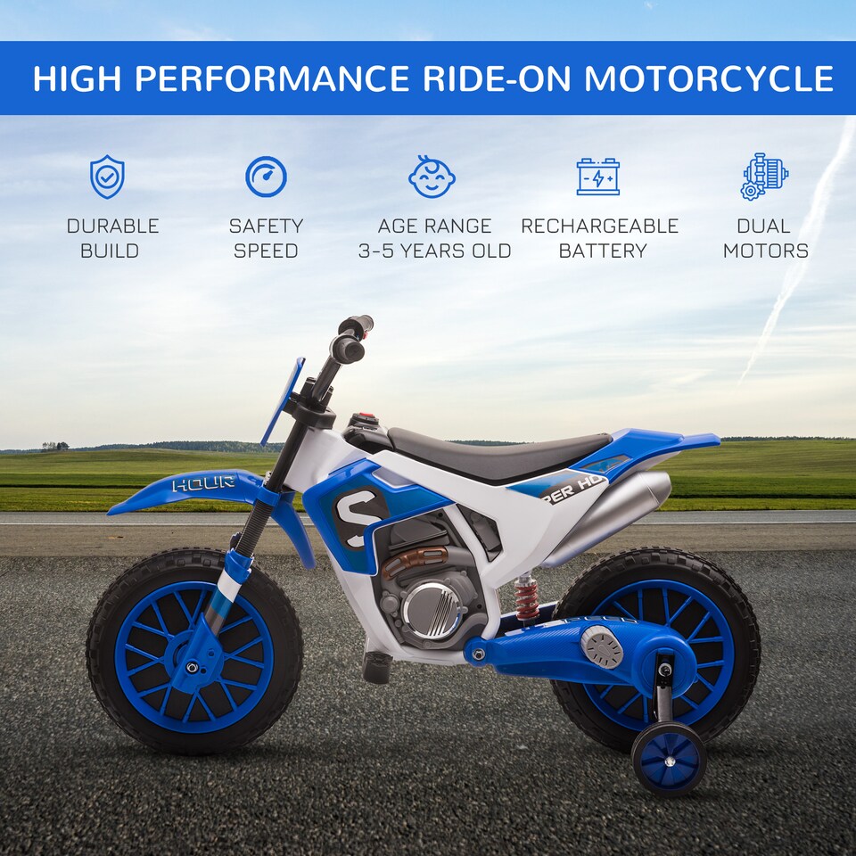 image 1 of HOMCOM Kids Electric Motorbike, 12V Battery Powered Kids Motorbike for Boys and Girls with Training Wheels, Start-up Button, Pedal, for Ages 3-5 Years - Blue