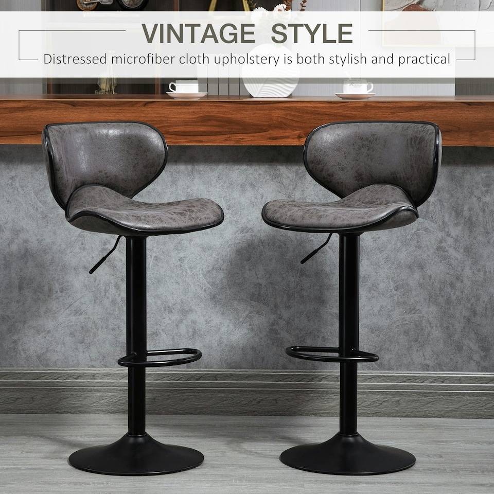 image 1 of HOMCOM Bar Stool Set of 2 PU Leather Adjustable Height Armless Chairs Dark Grey