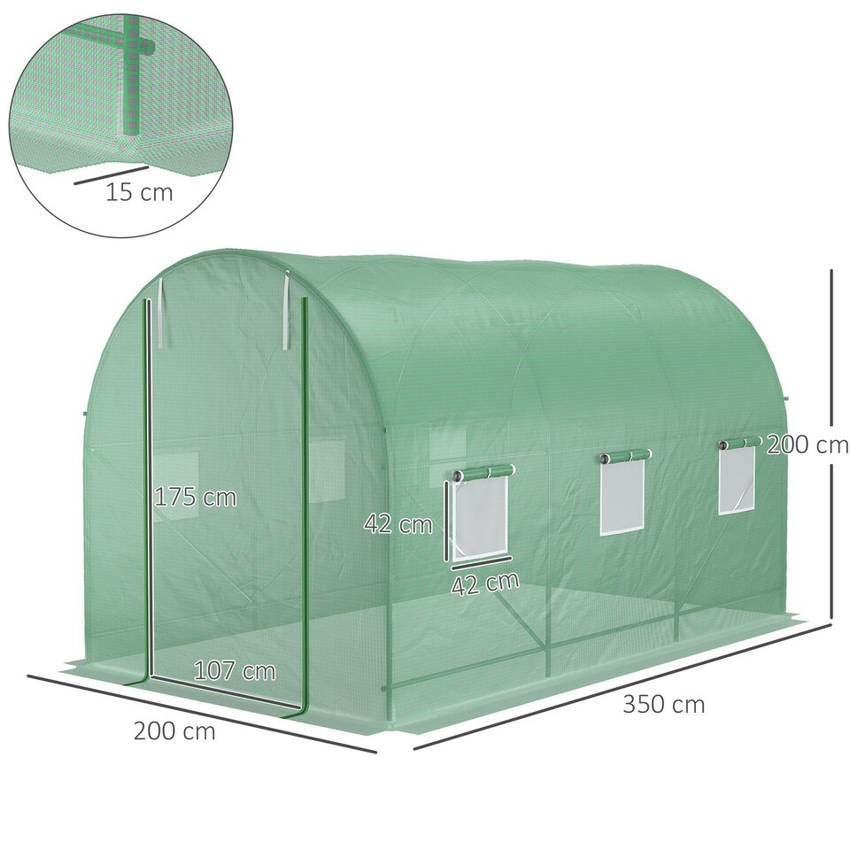 image 1 of Outsunny 3.5 x 2m Walk-In Polytunnel Greenhouse with Roll Up Door Windows Green