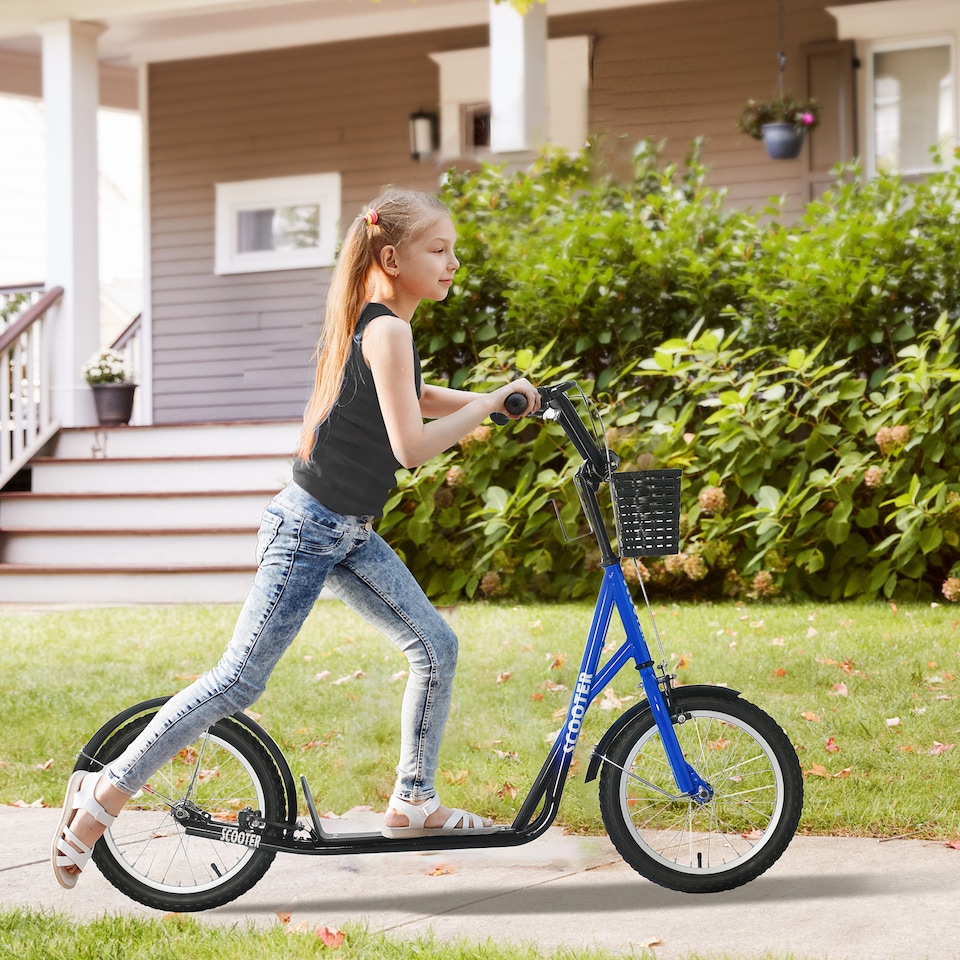 image 1 of HOMCOM Kids Scooter, Kick Stunt Scooter with Adjustable Handlebar, Dual Brakes, Basket, Cupholder, Mudguard, 16" Inflatable Rubber Wheels, for 5-12 years, Blue | Blue