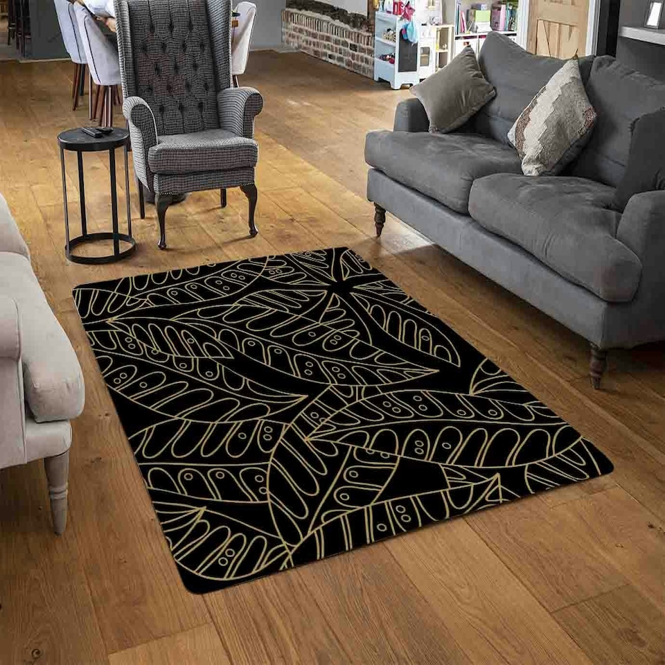 image 1 of Lined Flower Print (Rug) Black | XL: 160x230cm