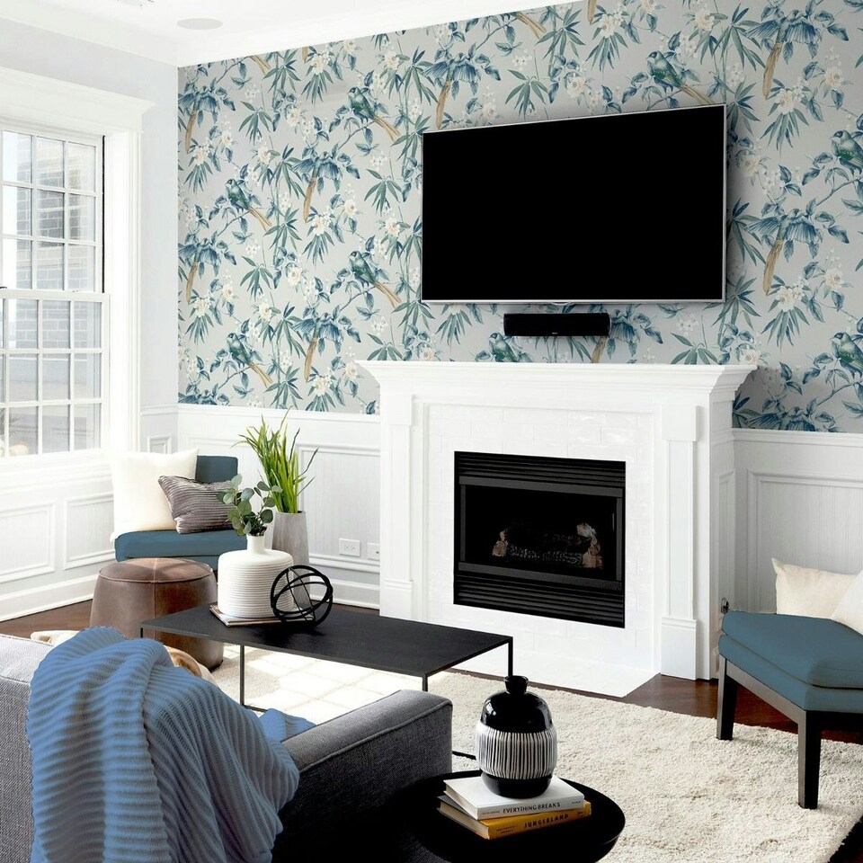 image 1 of Arthouse Oriental Floral Birds Wallpaper - Grey/Blue - 10m x 53cm Grey