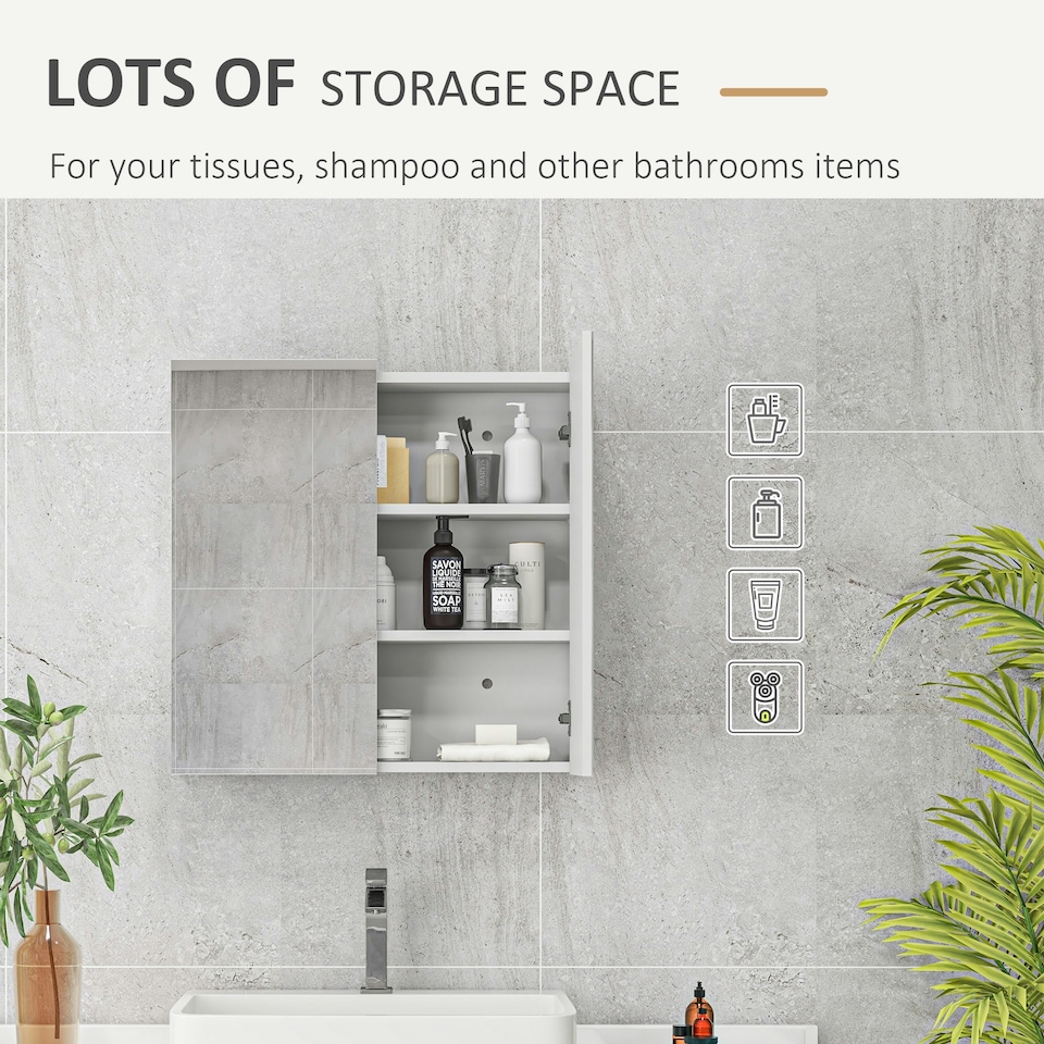 image 1 of kleankin Wall Mounted Bathroom Storage Cupboard W/ Mirror and Shelf, White