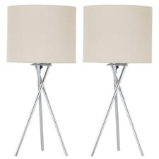 Set of 2 Tripod - Polished Chrome Lamps with Natural Linen Shade Chrome | Brown