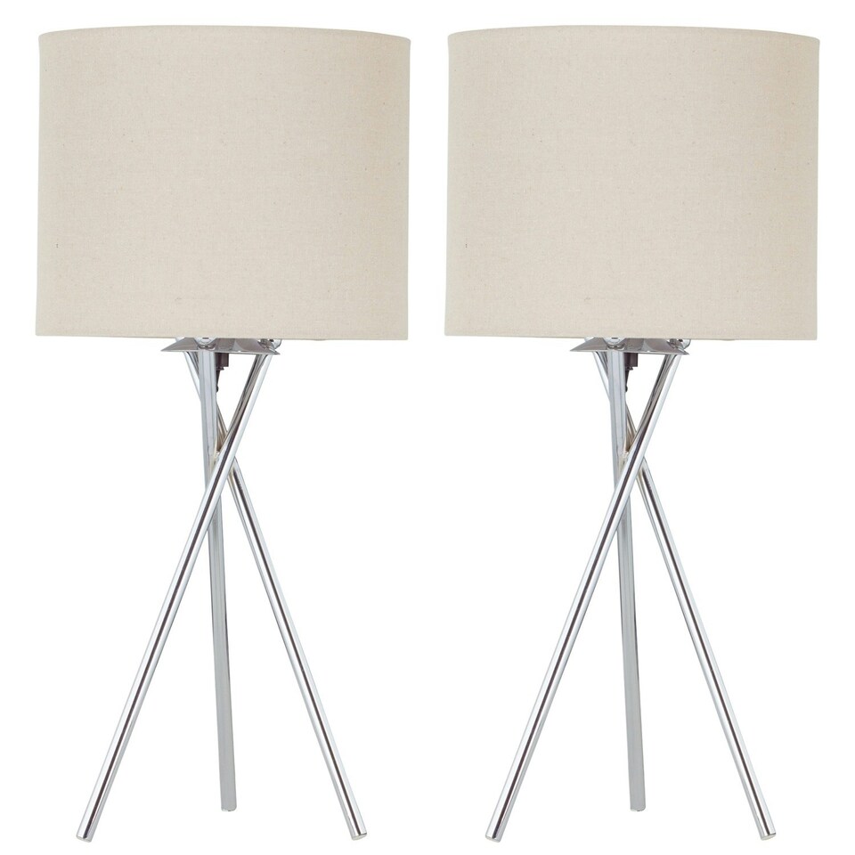 image 1 of Set of 2 Tripod - Polished Chrome Lamps with Natural Linen Shade Chrome | Brown