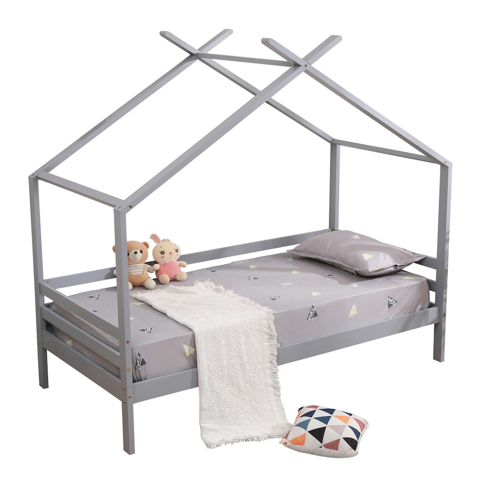 image 1 of Teddy Kids Childrens Grey Wooden House Treehouse Single Bed Frame (Single) | Grey | Grey | Single