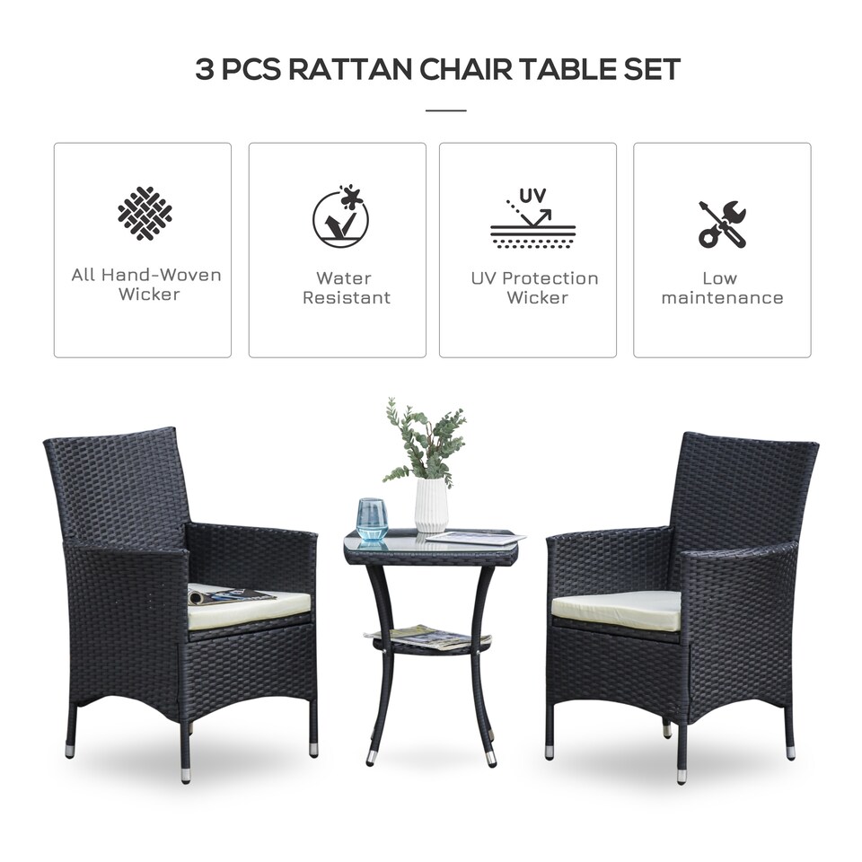 image 1 of Outsunny 3 Pieces Rattan Bistro Set, Wicker Garden Furniture Set with 2 Tier Coffee Table and Chairs, Cushions, for Outdoor Patio Balcony, Black