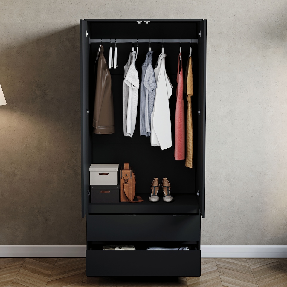 image 1 of Vida Designs Denver 2 Door 2 Drawer Wardrobe With Shelf & Clothes Rail, Black