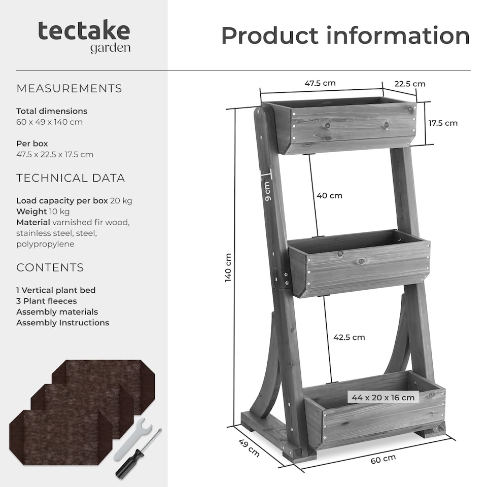 image 1 of Vertical Planter Flora in a Rustic Wooden Design with 3 to 5 Tiers and Plant Fleece Included | Grey | grey | 49 x 60 x 140 cm | 1