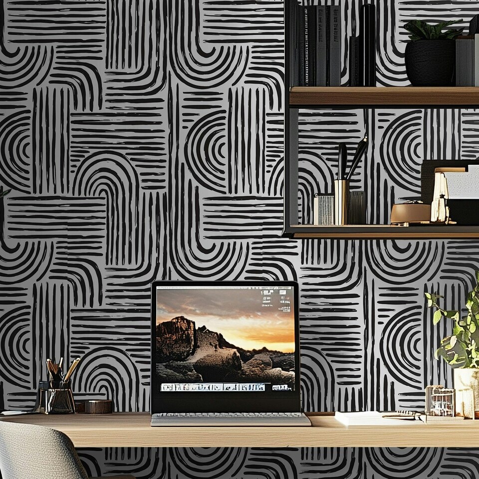 image 1 of Raffia Curves Wallpaper in Charcoal on White | White | Charcoal on White