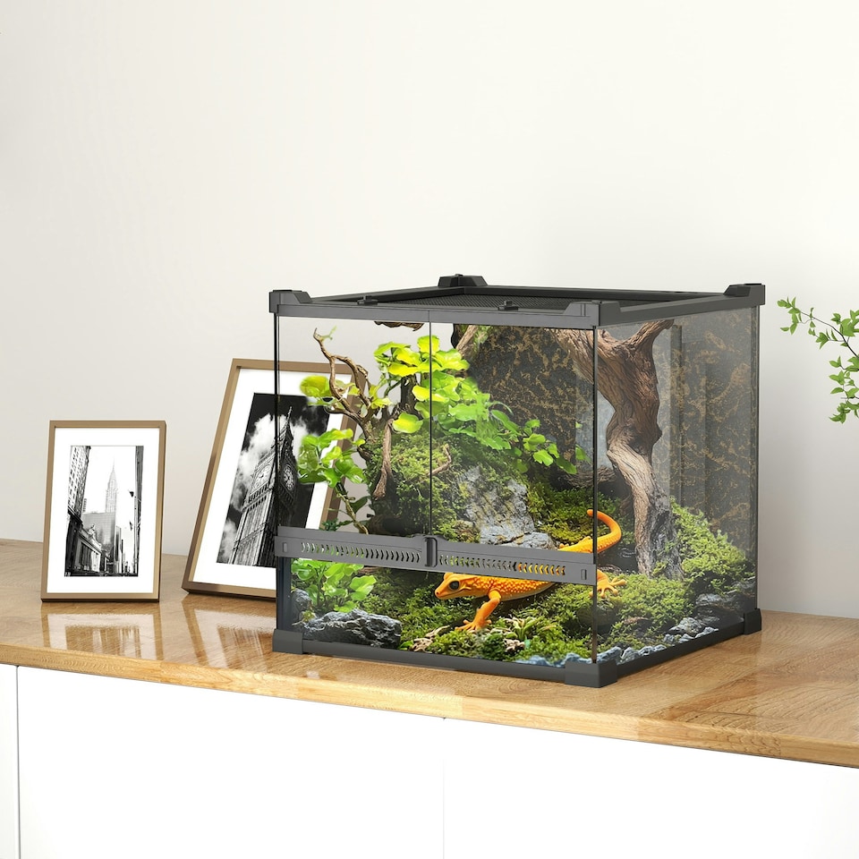 image 1 of PawHut 24L Glass Terrarium, Reptile Vivarium with Stone Background, Black