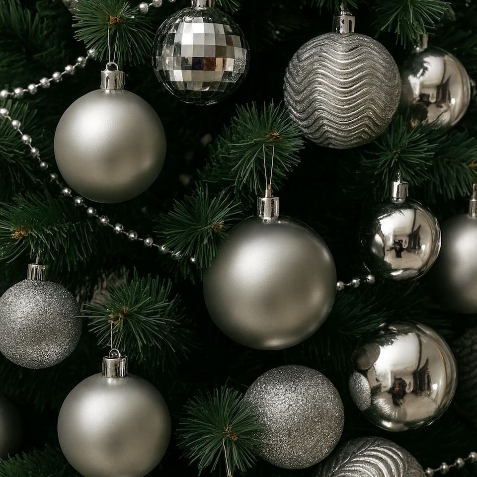 image 1 of Christmas Tree Ornaments Baubles Set | Silver | Silver