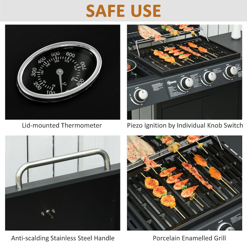 image 1 of Outsunny Deluxe Gas Barbecue Grill 3+1 Burner Garden BBQ w/ Large Cooking Area