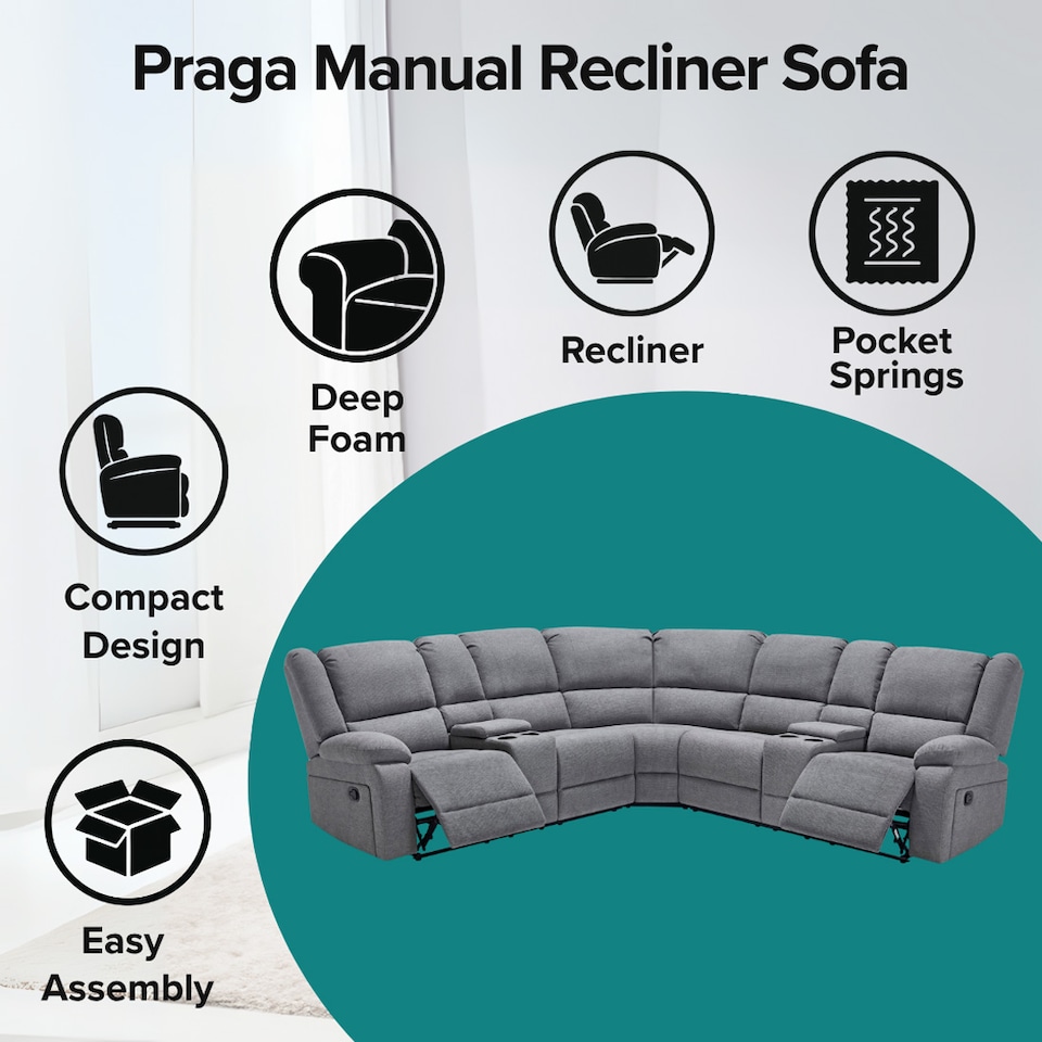 image 1 of Praga 5 Seater Manual Recliner Corner Sofa | Grey | Light Grey | Five Plus Seater