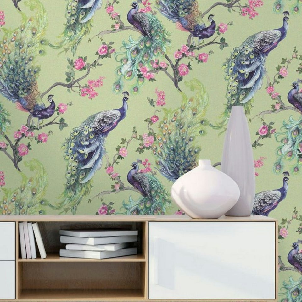 image 1 of Holden Décor Menali Peacock Textured Wallpaper - Green - 10m x 53cm | Green