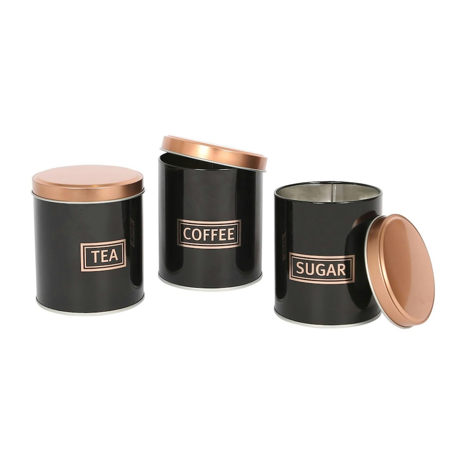 image 1 of Harbour Housewares 3pc Round Metal Tea Coffee Sugar Canister Set - Black/Copper - Kitchen Caddy Kitchen Storage Containers Canisters