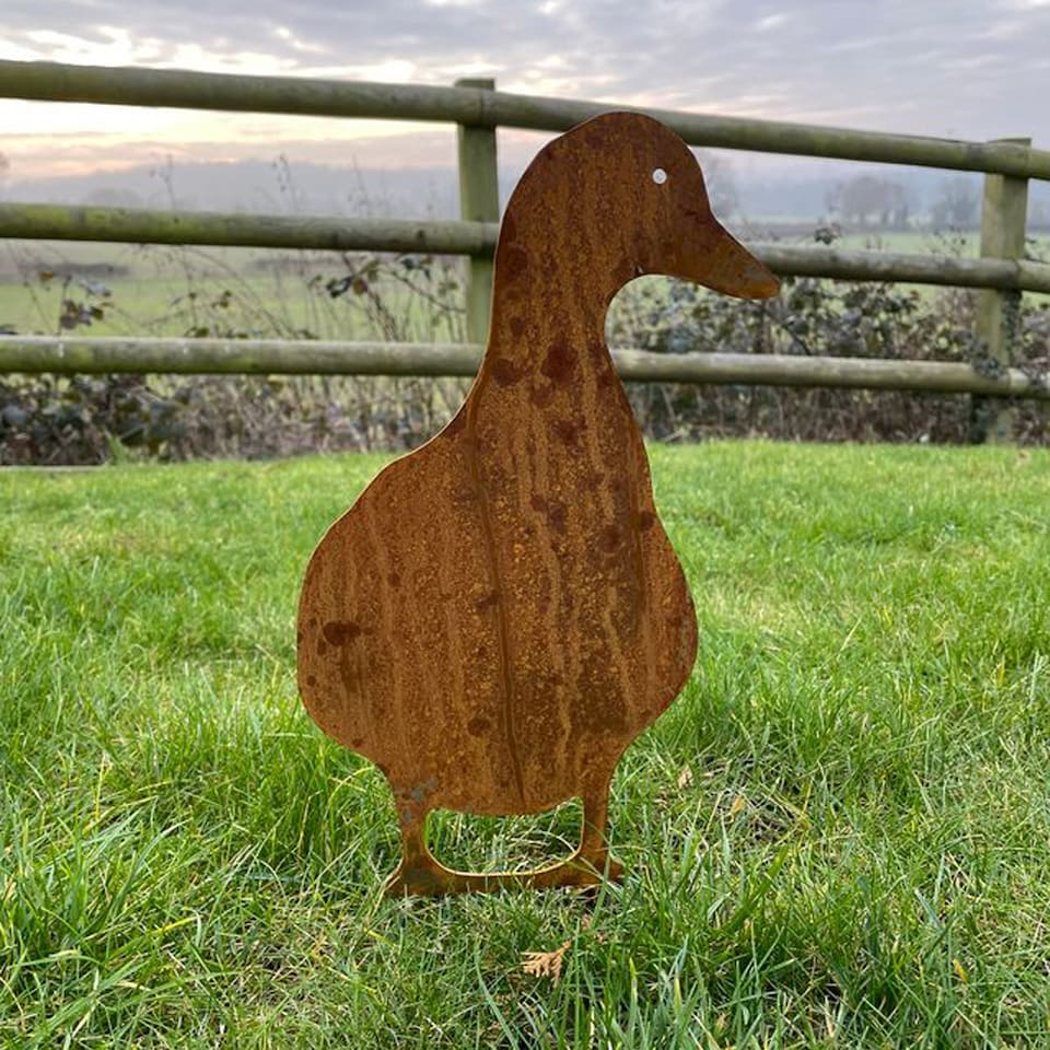 image 1 of Duck Facing on Stake - Hand Made By Traditional Forge, Steel Garden Ornament - Steel - W17.8 x H30 cm - Bare Metal/Ready to Rust