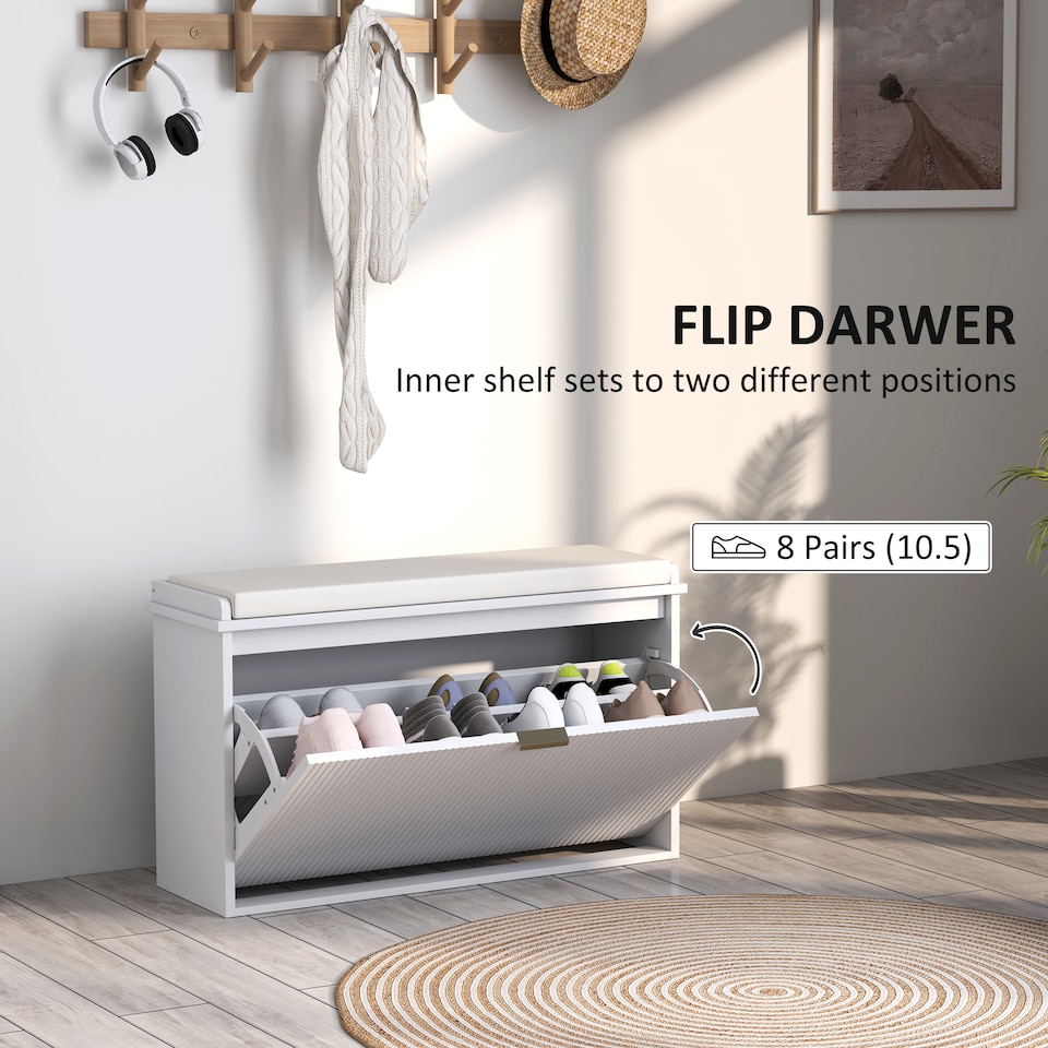 image 1 of HOMCOM Shoe Storage Bench with Cushion and Flip-Drawer 80x26x47.5cm White