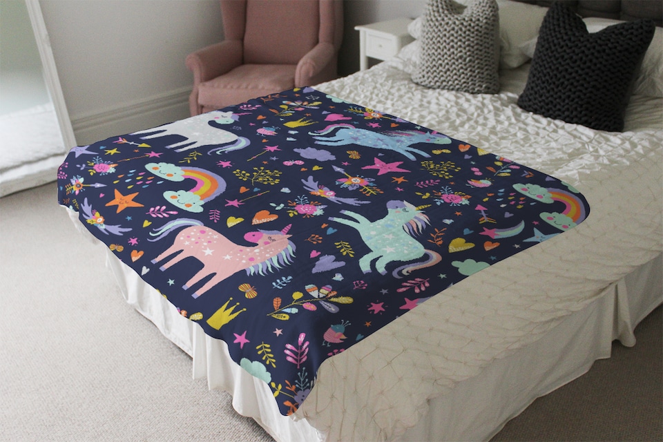 image 1 of unicorns on navy Designer Blanket | Multi