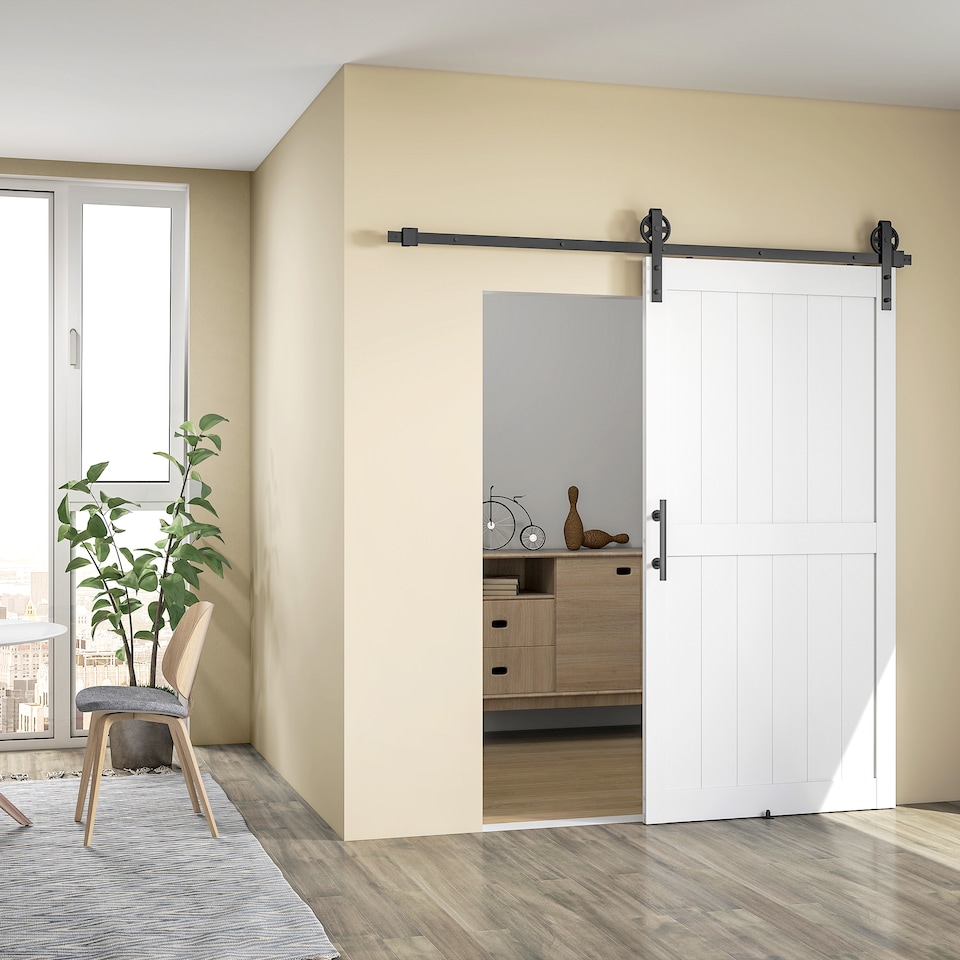 image 1 of HOMCOM 213.4cm Sliding Barn Door Kit, Sliding Door with Track, White