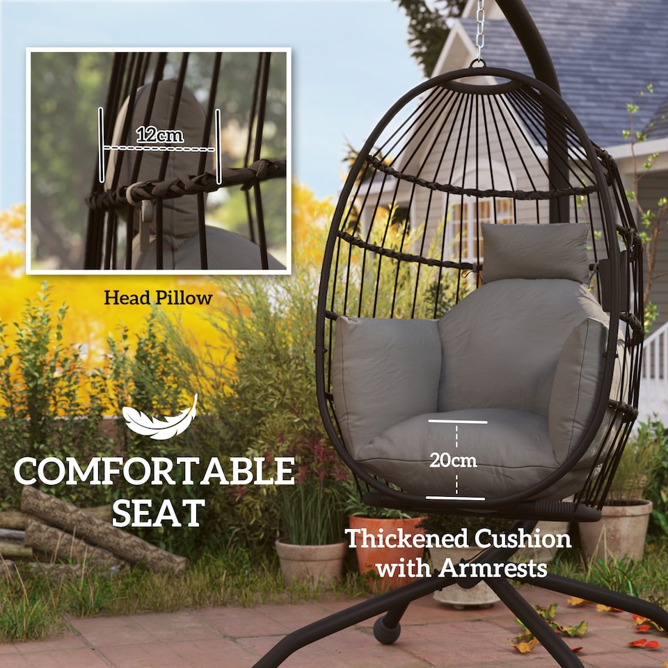 image 1 of Outsunny Egg Chair Outdoor Indoor Garden Swing Chair, Folding Basket, Grey | Grey | Dark Grey | L
