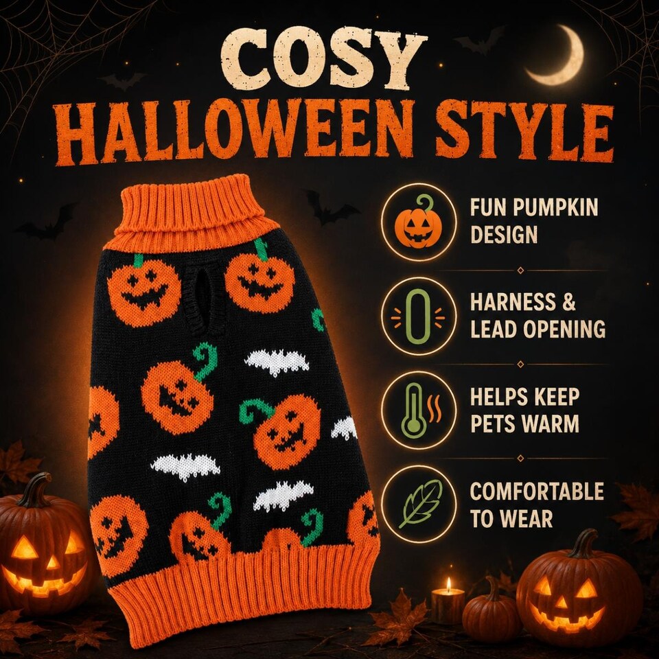 image 1 of Small Halloween Pet Dog Jumper Black Orange Pumpkin Knitted Sweater 30cm