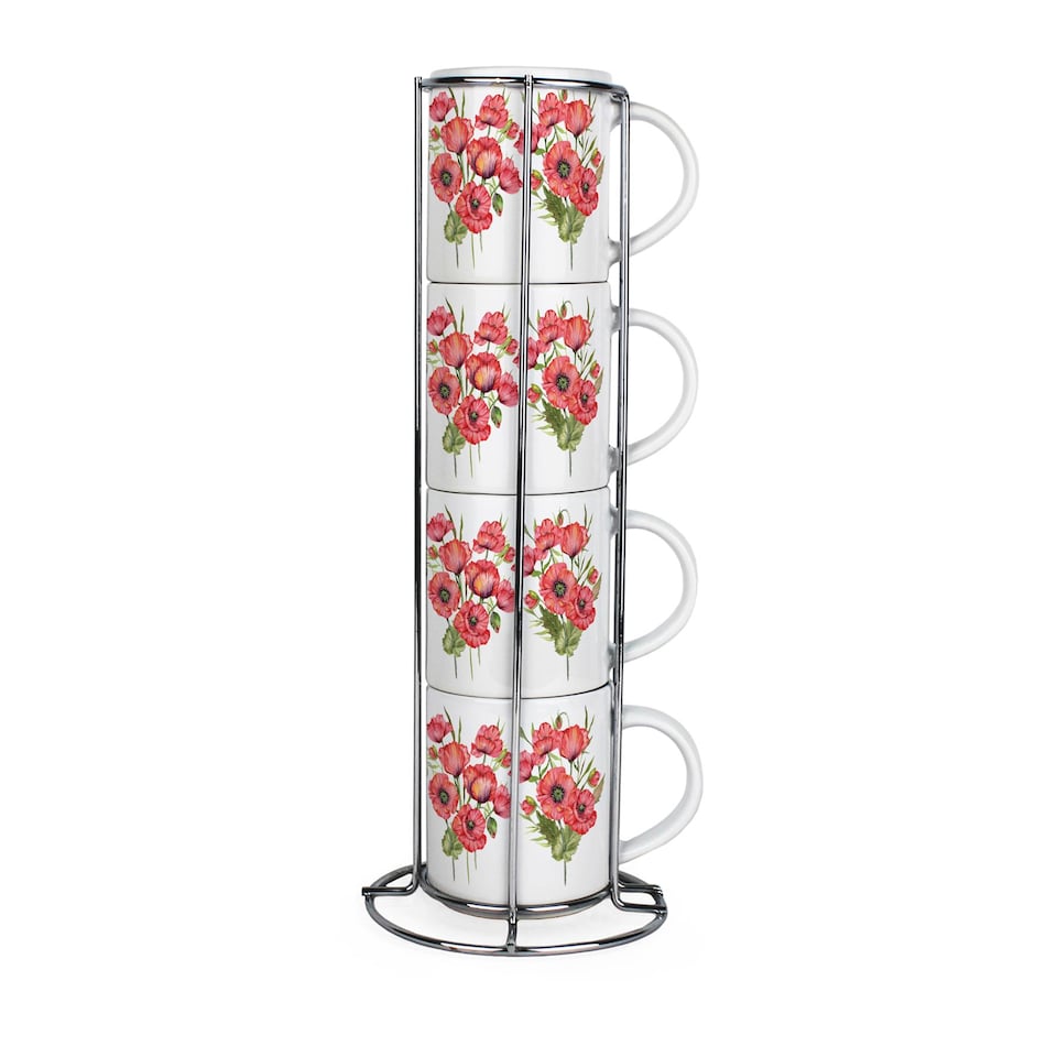 image 1 of Red Poppies Stacking Mugs Set - Floral Presents for Her - Set of 4 Ceramic Mugs Gift Set with Metal Stand | White