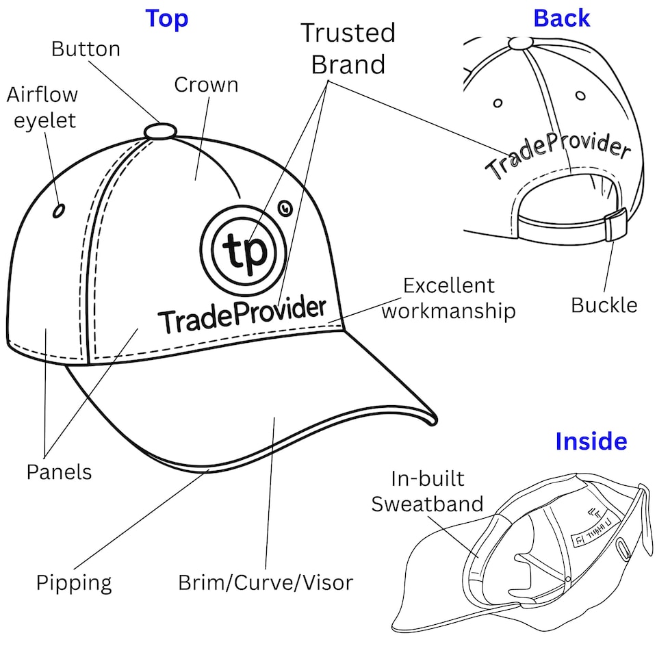 image 1 of TradeProvider Premium Adjustable Baseball Cap, Curved Peak with Contrast Pipping for Men & Women (Black)