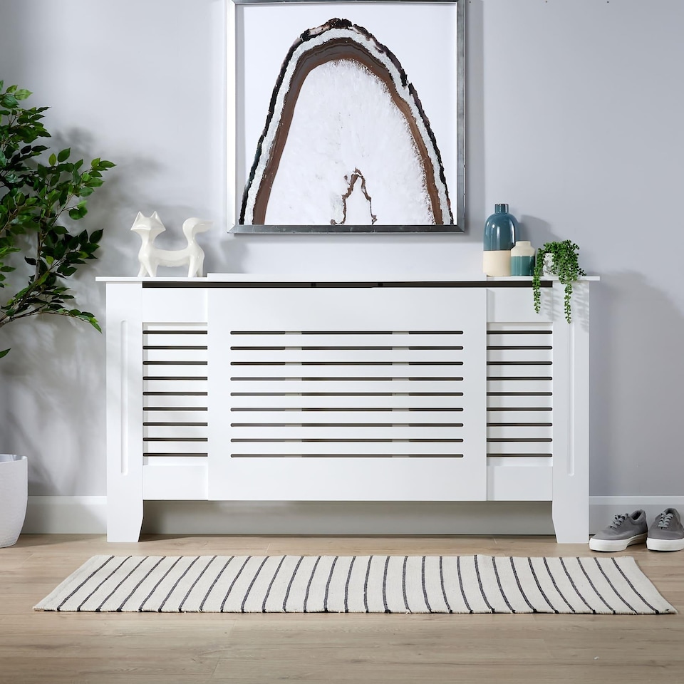 image 1 of Extending Radiator Cover Adjustable Wooden MDF Slatted Grill | White