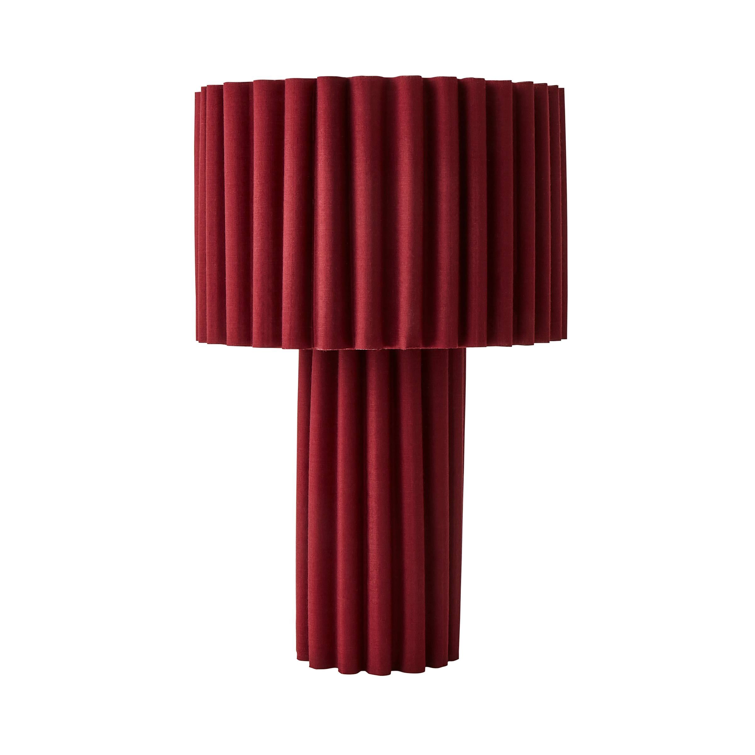 ValueLights Lenny Drum Lamp Shade Colour Drench Ribbed Fabric Table Lamp with Bulb in Burgundy