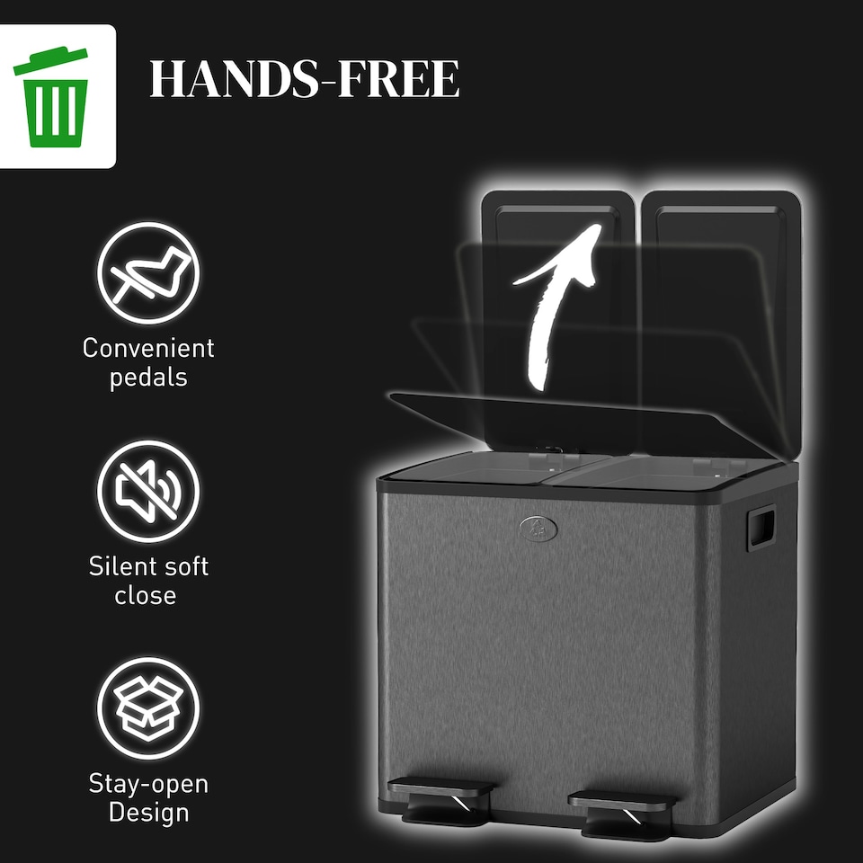 image 1 of HOMCOM 2 x 15L Dual Kitchen Bin Pedal Bin for Recycling and Waste, Black Black | 41.7L x 36.6W x 43.2H cm