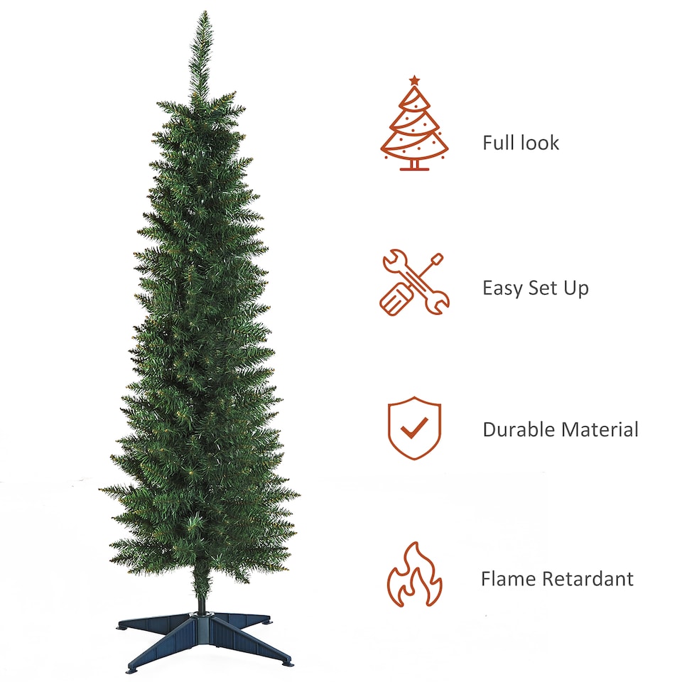 image 1 of HOMCOM 5ft Unlit Artificial Christmas Tree, Pencil Slim mas Tree with Solid Stand and Realistic Branches, Green