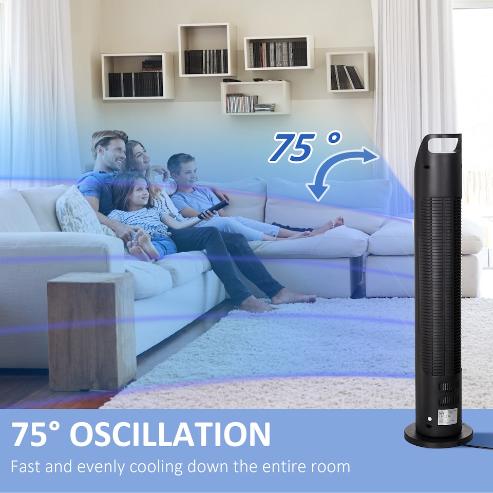 image 1 of HOMCOM Tower Fan, Electric Cooling Fan with Remote, 75 Oscillating, 3 Speed 3 Modes, 7.5H Timer, Quiet Standing Bladeless for Bedroom Office, Black