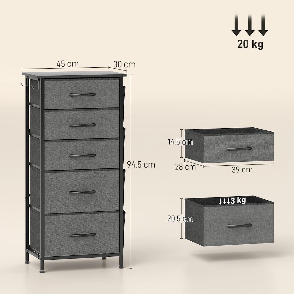 image 1 of HOMCOM Chest of Drawers, Dresser for Bedroom with 5 Fabric Drawers, Tall Storage Unit with 4 Pockets, 2 Hooks and Steel Frame for Living Room, Hallway, Charcoal Grey | Grey | Charcoal grey