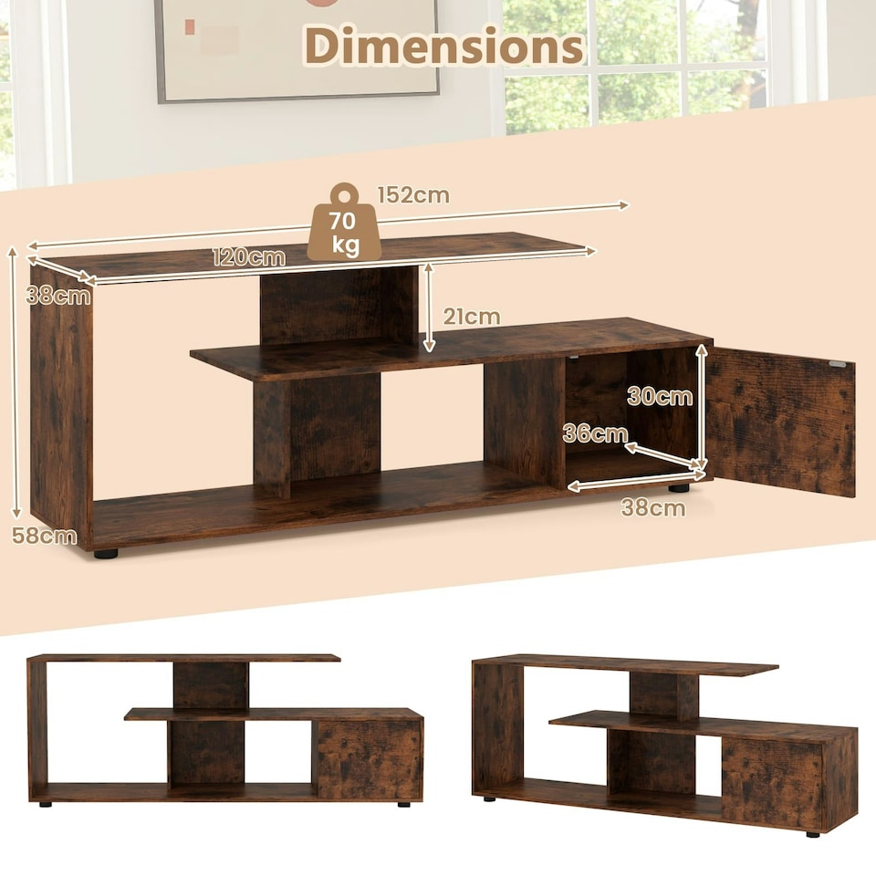 image 1 of COSTWAY TV Stand 55 Inches 3-Tier Entertainment Center Brown Brown