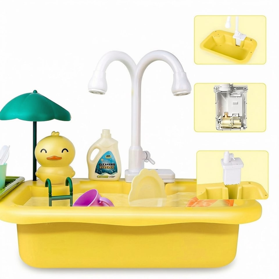image 1 of Kids Kitchen Duck Sink Play Set - Pretend Play Washing Station with Running Water Faucet, Floating Accessories, Slide & Dishwashing Tools, Educational Role-Play Toy for Children Ages 3+