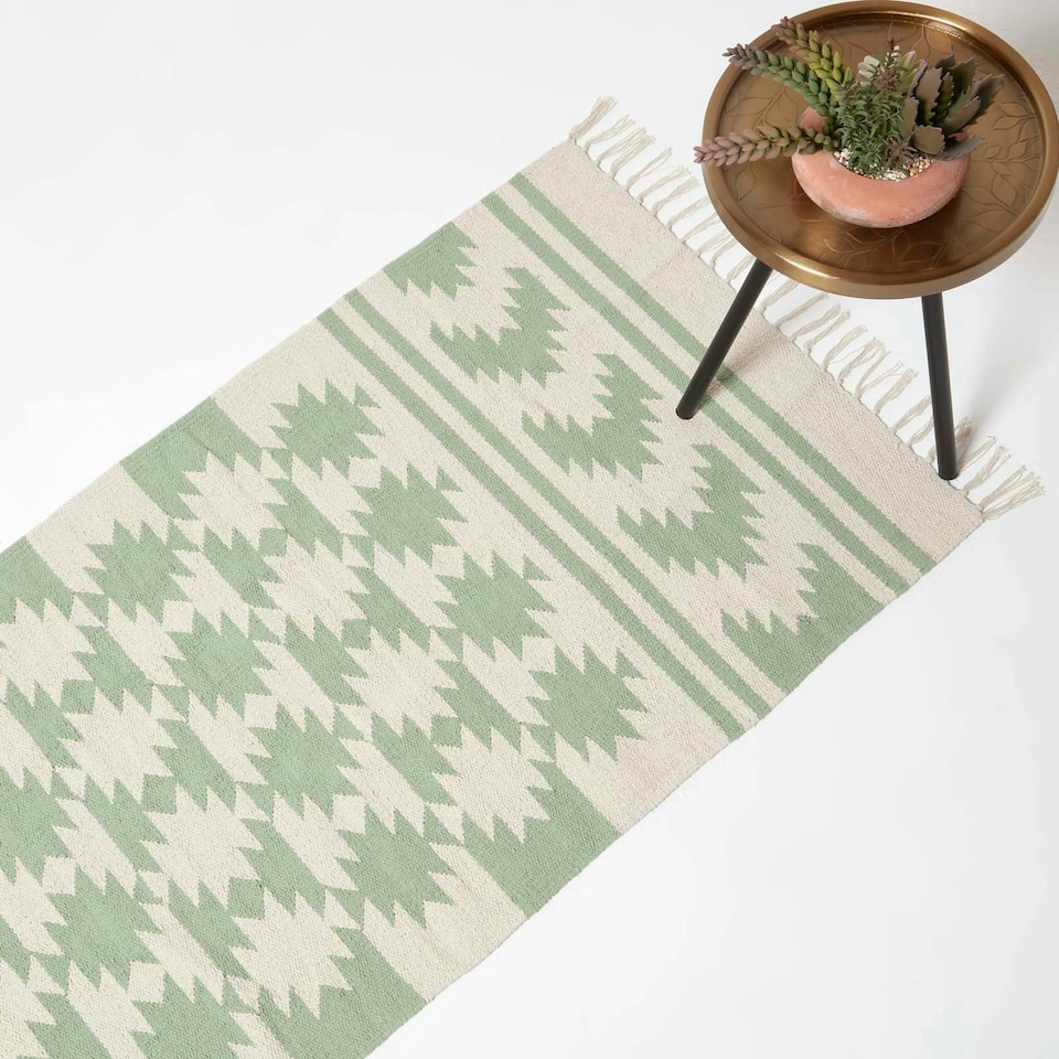 image 1 of Homescapes Turin Green and Natural Kilim Cotton Hallway Runner Rug - 66 x 200 cm
