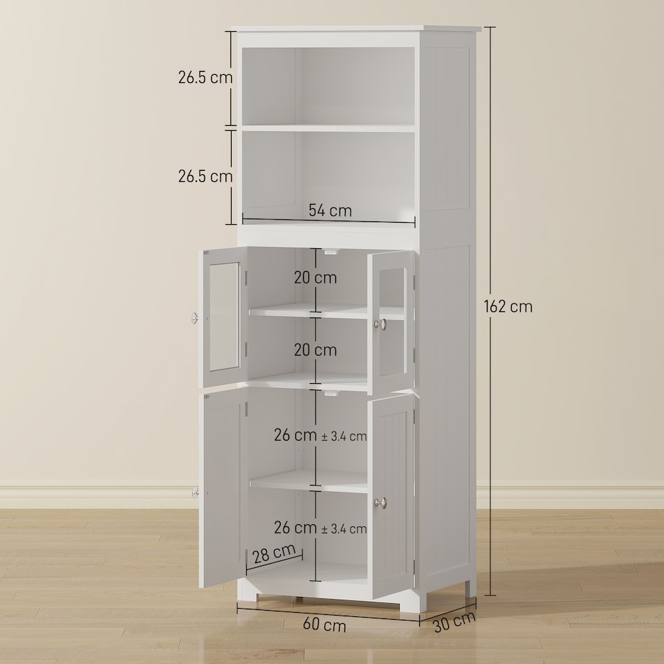 image 1 of HOMCOM Freestanding Kitchen Cupboard, 4-Door Storage Cabinet with Adjustable Shelf and Glass Doors for Dining Room, Living Room, White