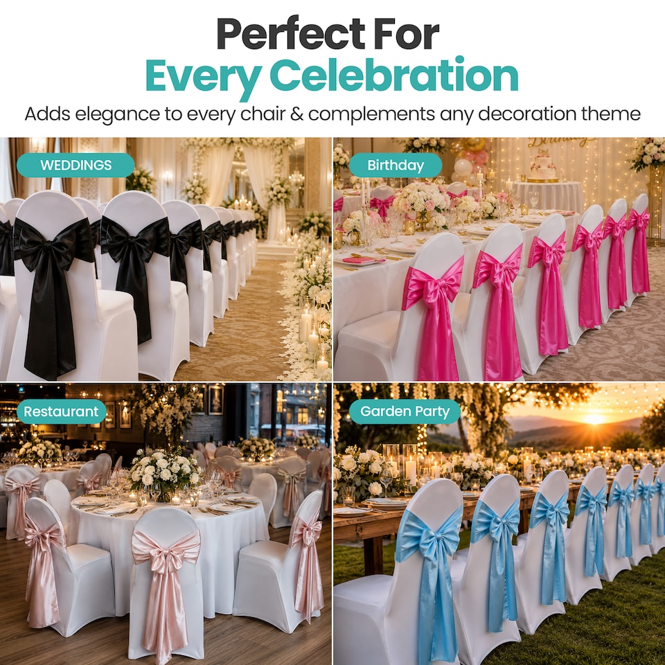 image 1 of 7"x108" Satin Chair Sash, Chair Sashes Hammed Edges Bow Tie - 25pcs