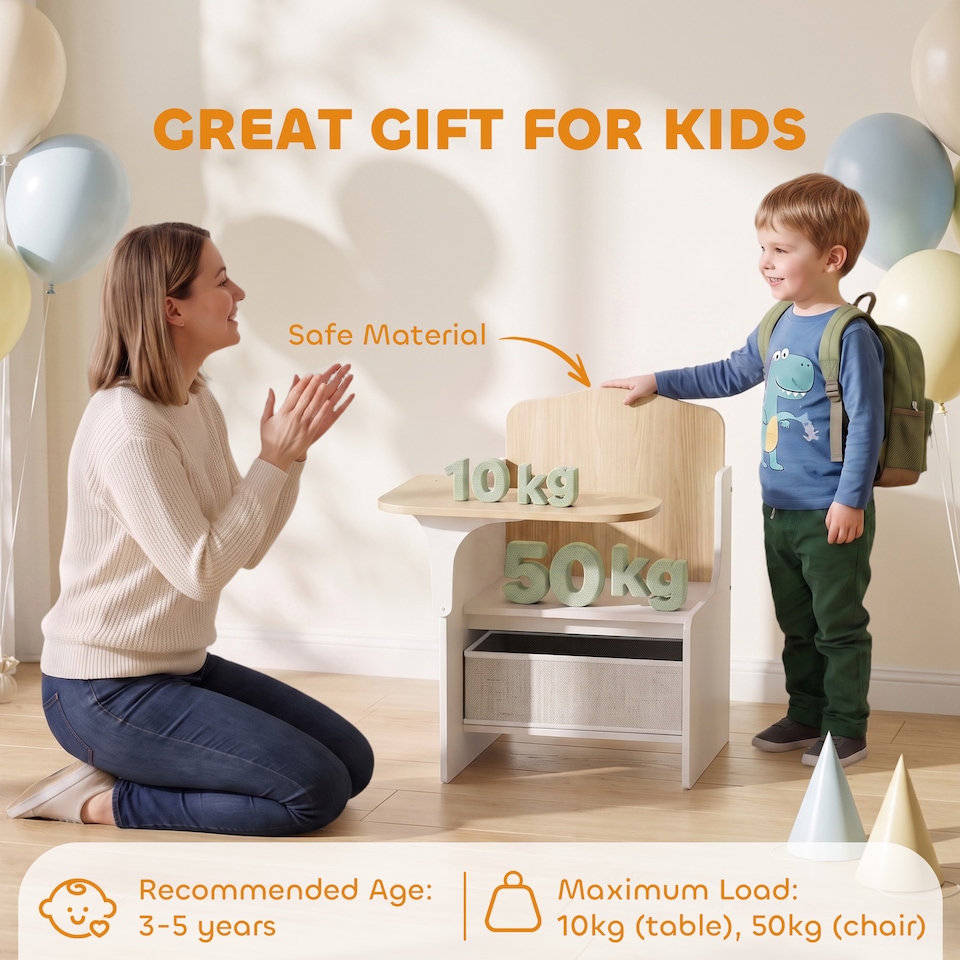 image 1 of AIYAPLAY Kids Table and Chair Set, Toddler Desk Chair with Storage Bins