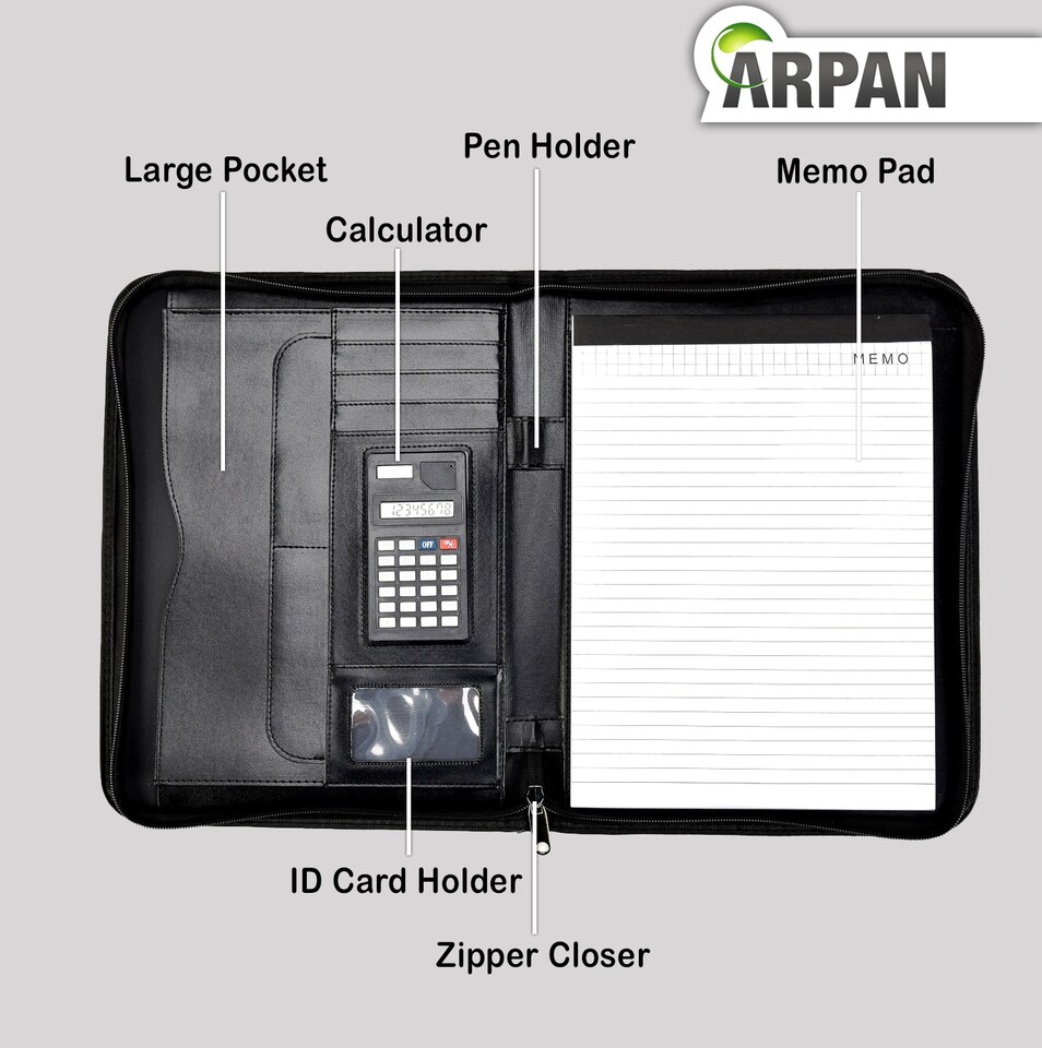 image 1 of A4 Zipped Conference Folder – Executive Portfolio with Calculator, Writing Pad, Pen Holder & Document Storage – Professional Faux Leather Business Organiser for Office, Meetings & Interviews