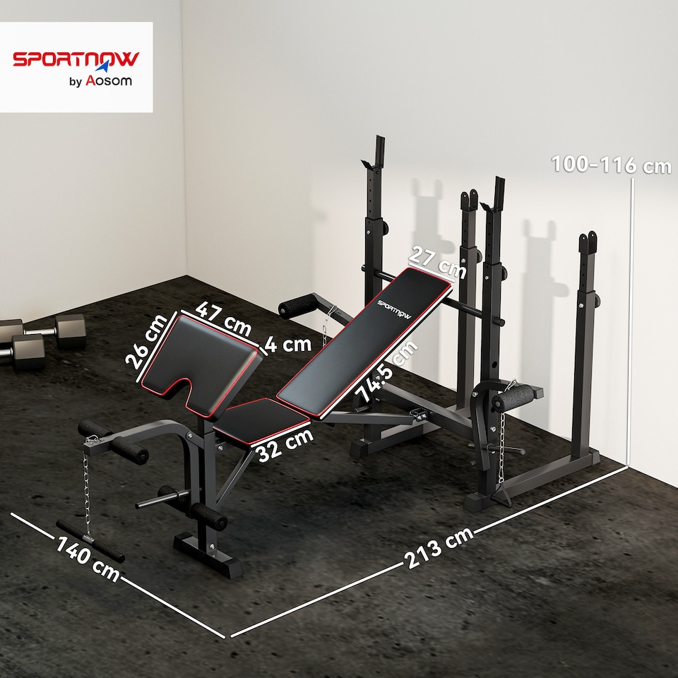 image 1 of SPORTNOW Weight Bench with Two Barbell Racks, Preacher Curl Bench