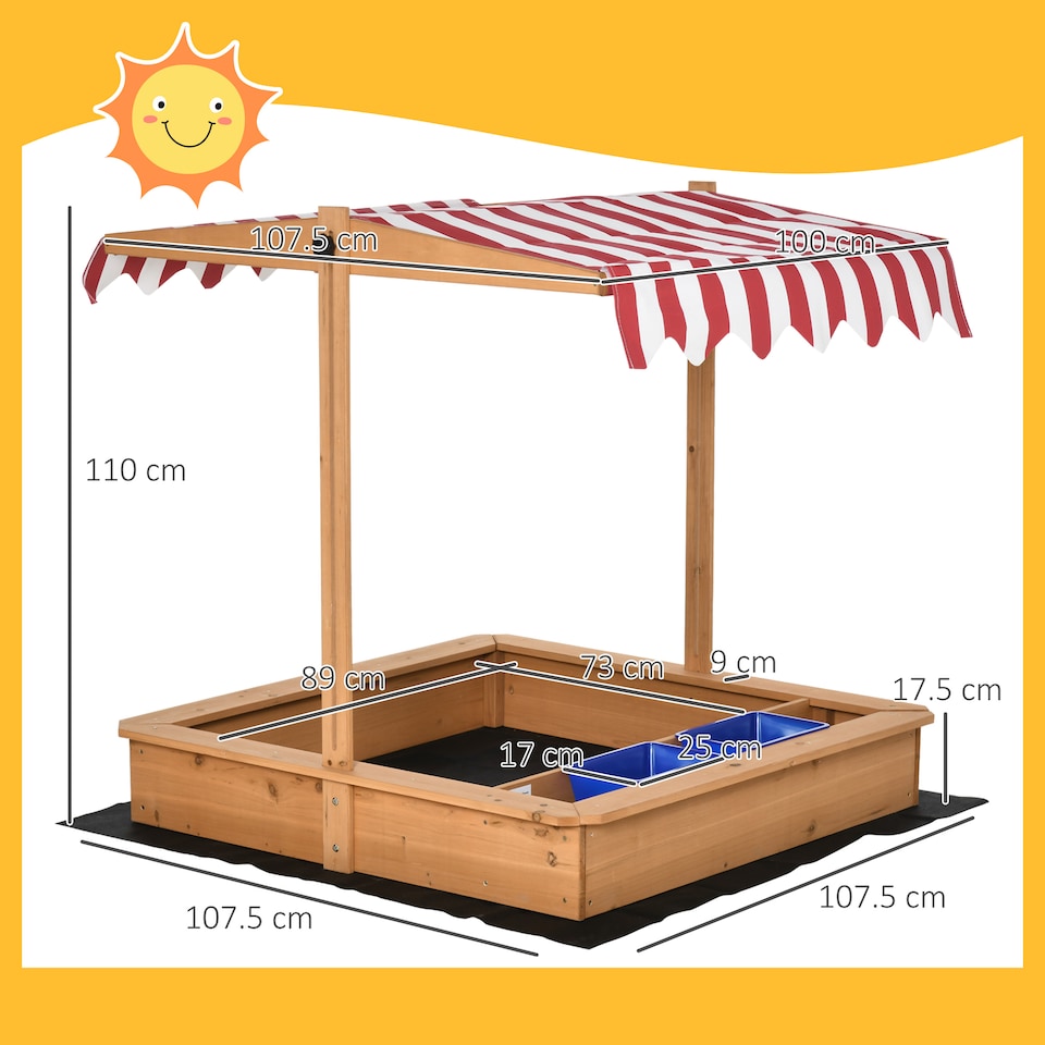 image 1 of Outsunny Kids Wooden Sandbox Sand Pit Height Adjustable with Canopy Basins