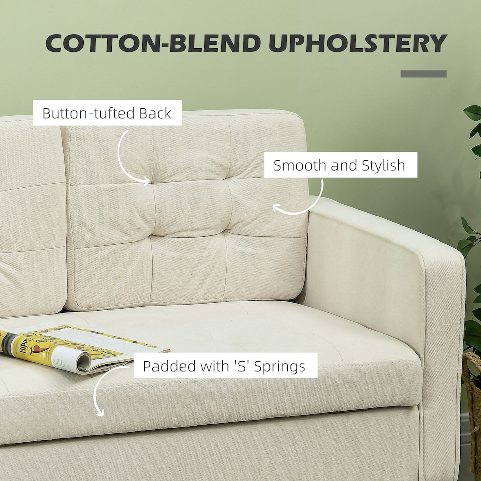 image 1 of HOMCOM Compact Loveseat Sofa 2 Seater Sofa with Storage and Wood Legs Cream